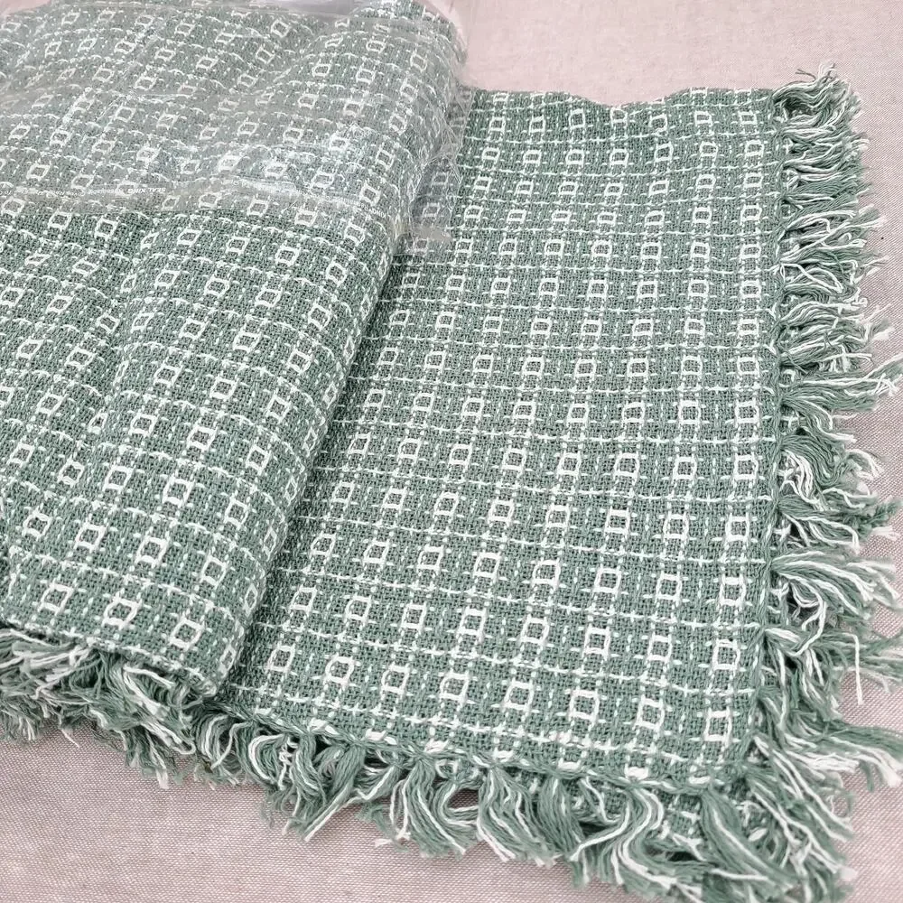 NOS VTG Cotton HOMESPUN Weave Sage Green fringed TABLECLOTH 52x70” + 4 Napkins